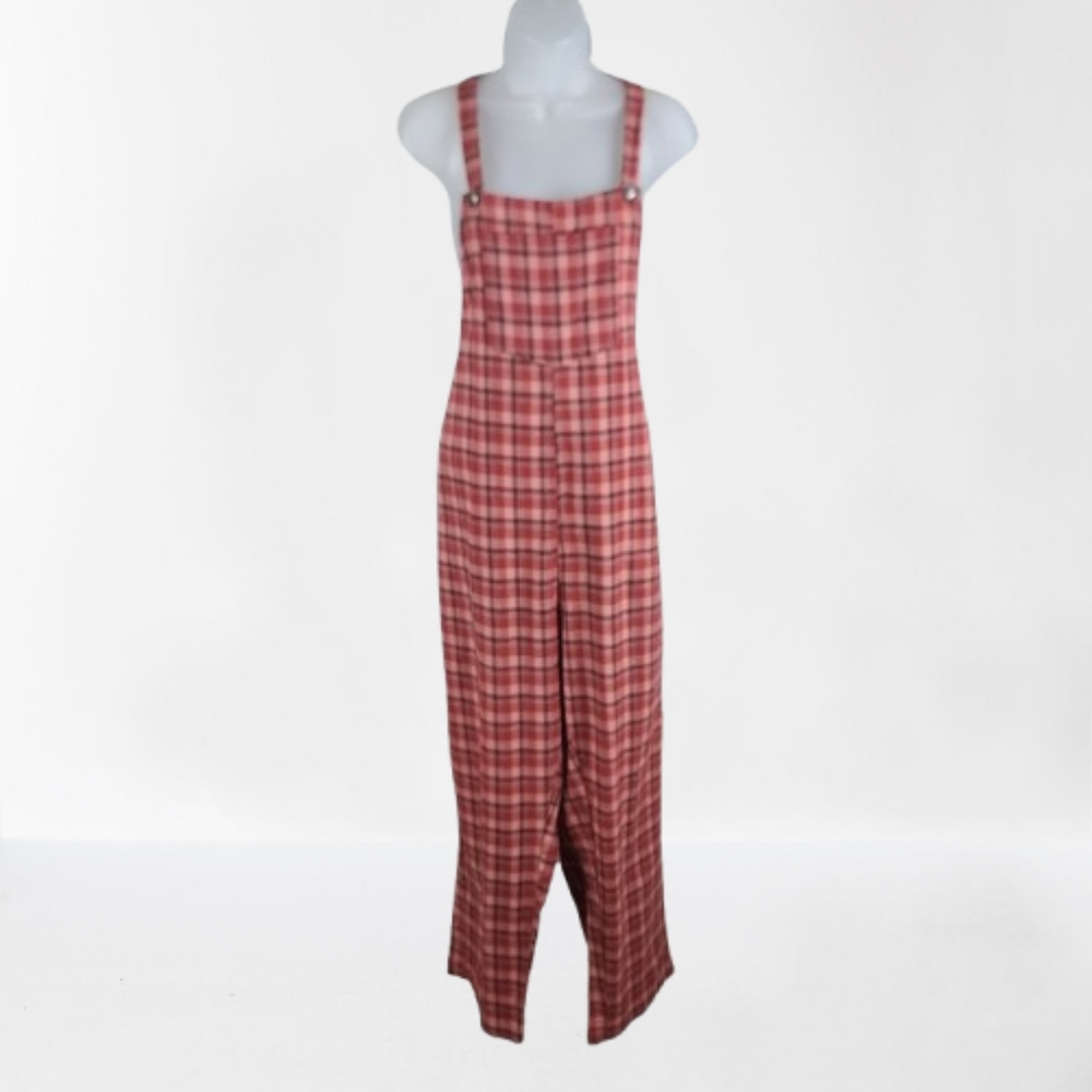 NEW Kori Boutique Plaid Flannel Schoolgirl Overalls Dusty Rose Pockets Wmn's Lg